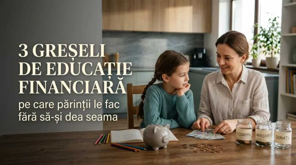 Educație financiară pentru copii explicată de un părinte la masă, cu bani, economii și borcane pentru buget