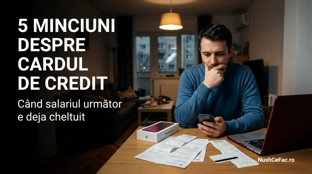 Cardul de credit ilustrat prin datorii de consum, facturi și salariu cheltuit în avans