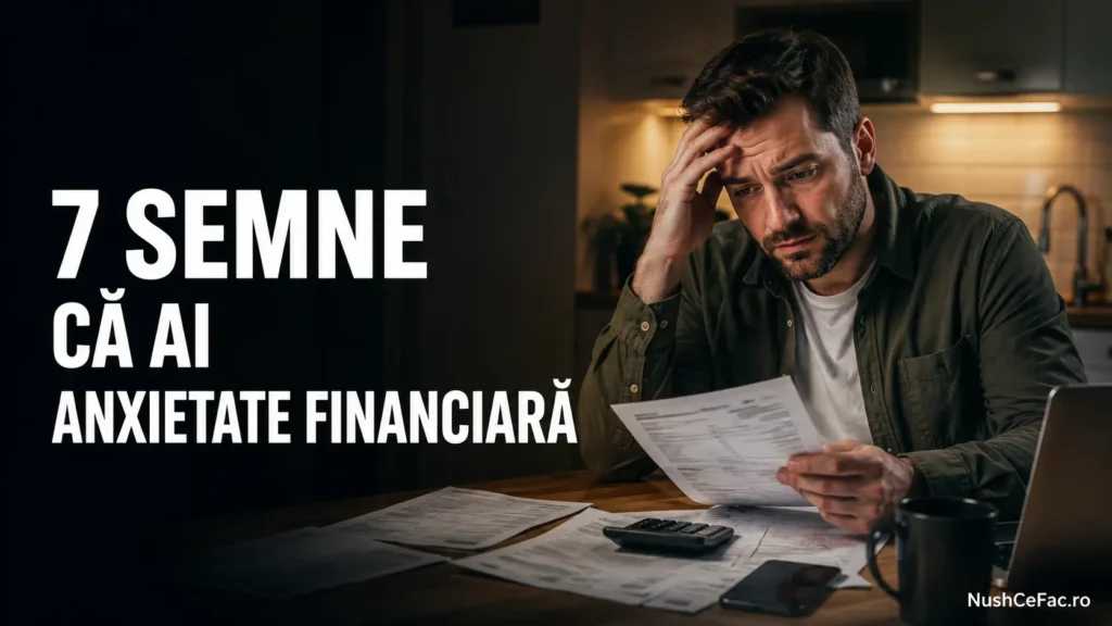 Anxietate financiară ilustrată prin facturi, telefon și verificarea obsesivă a banilor