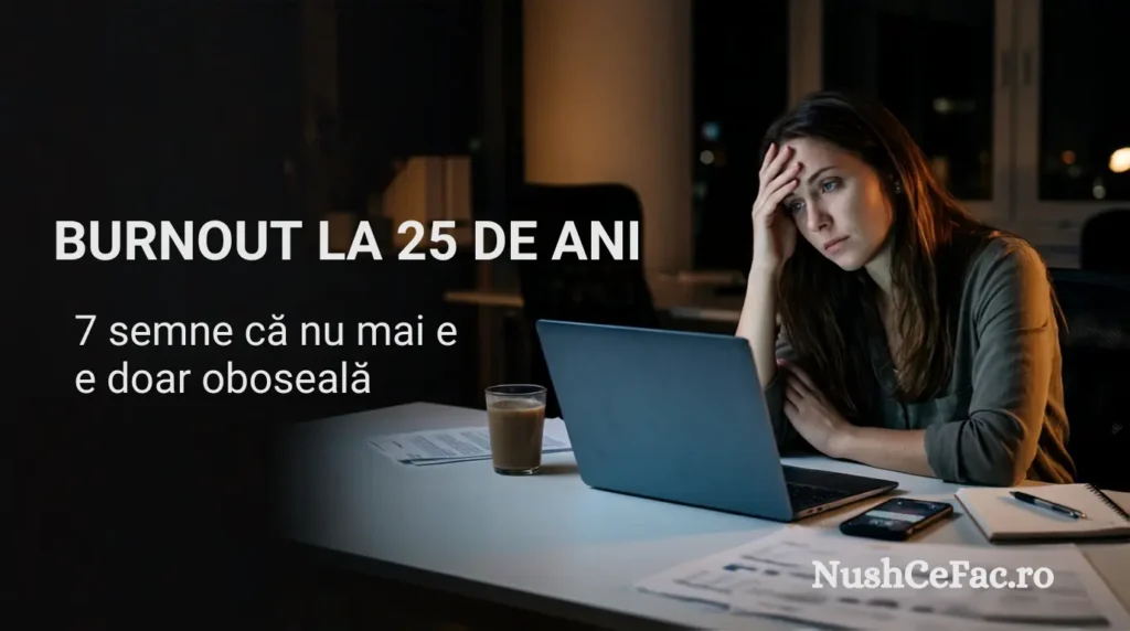 Burnout la 25 de ani ilustrat prin epuizare profesională, laptop și muncă prelungită