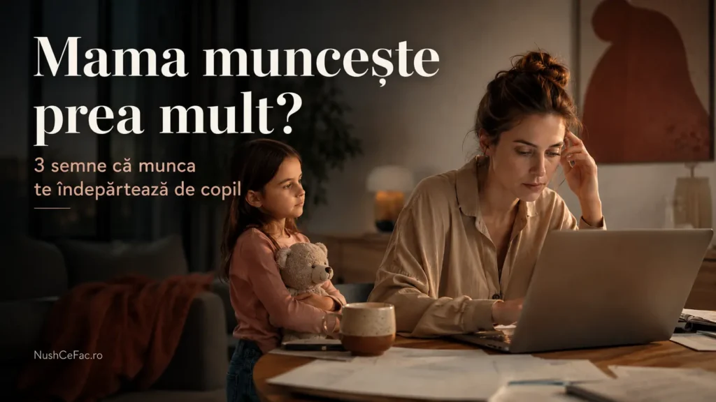 Mama lucrează la laptop în timp ce copilul așteaptă atenție și apropiere