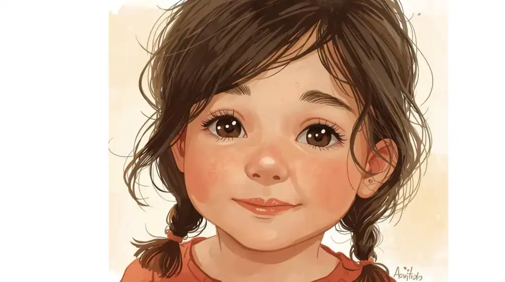 Zâmbitoare copil cu păr șaten și ochi mari, ilustrație artistică pentru sănătate și prevenție pediatrică în România.