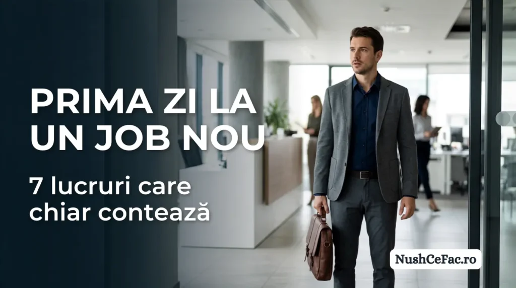 Prima zi la un job nou, într-un birou modern, cu emoții și pregătire pentru început